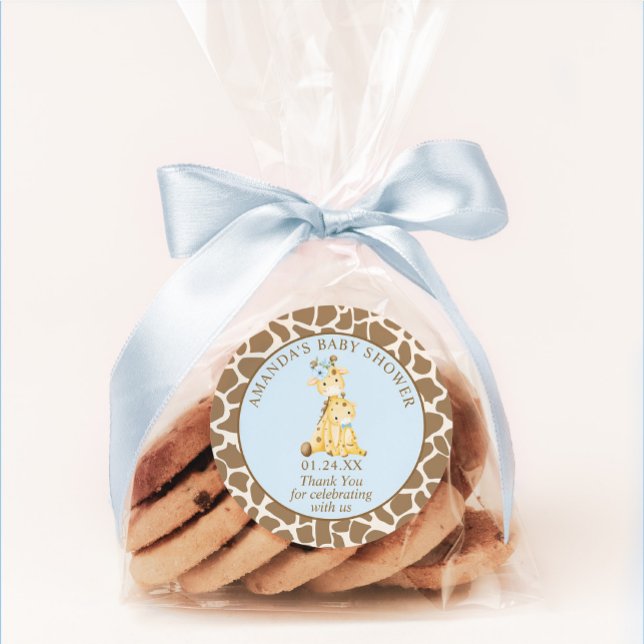 Blue Giraffe Baby Shower Classic Round Sticker (Creator Uploaded)
