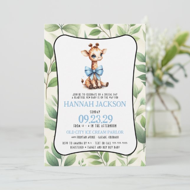 Blue Giraffe Baby Shower Invitation (Standing Front)