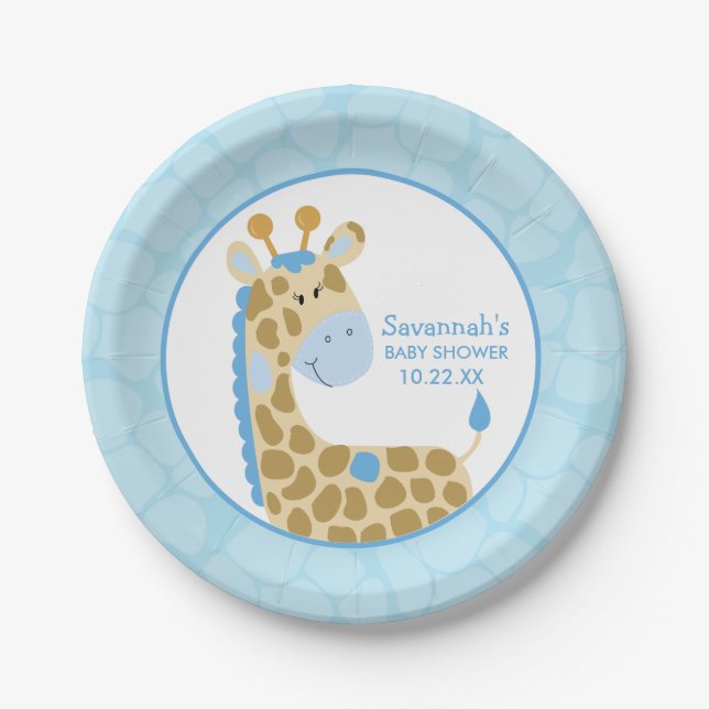 Blue Giraffe Baby Shower Paper Plate (Front)