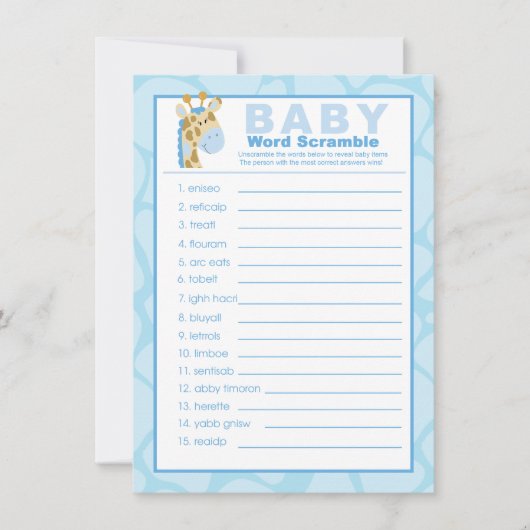 Blue Giraffe Baby Shower Word Scramble Game (Front)