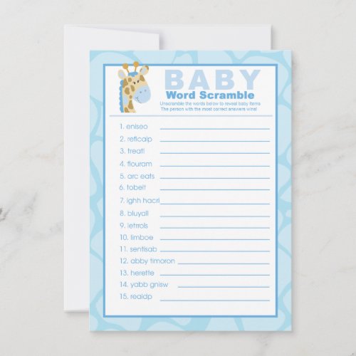 Blue Giraffe Baby Shower Word Scramble Game