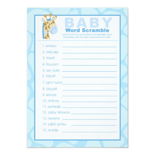 Blue Giraffe Baby Shower Word Scramble Game Card | Zazzle