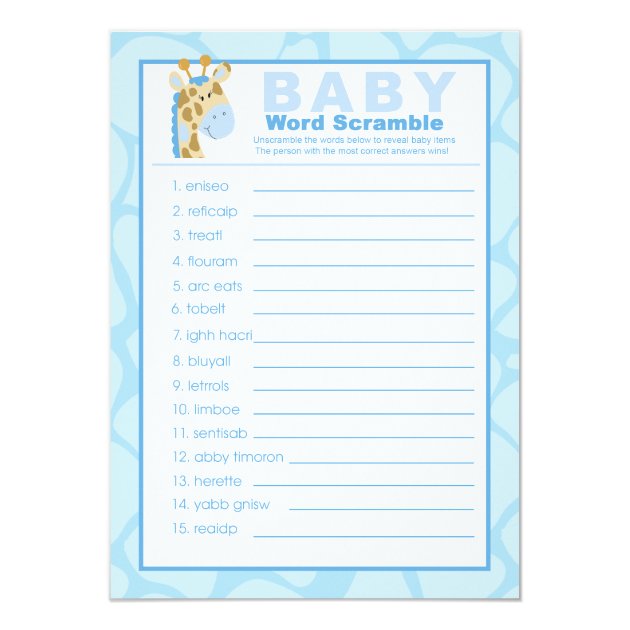 Blue Giraffe Baby Shower Word Scramble Game Invitation