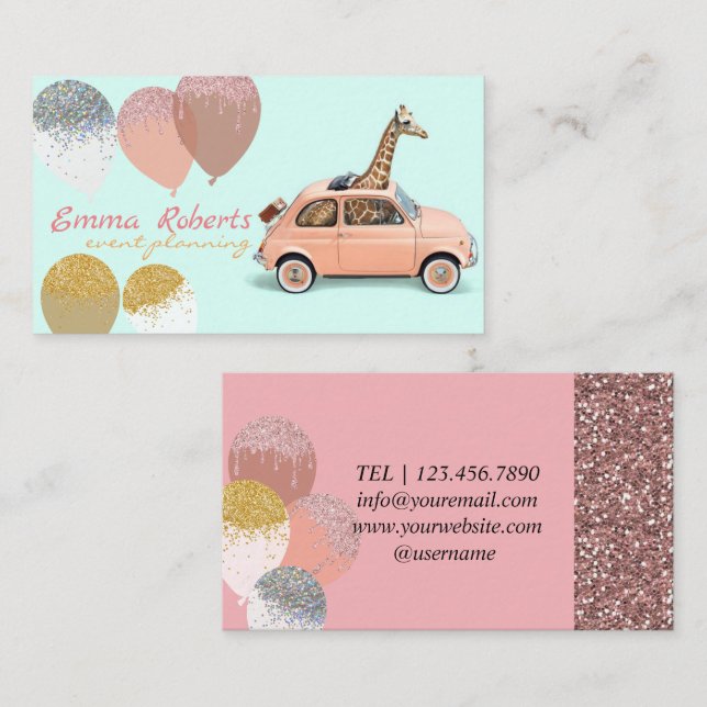 Blue Giraffe Balloons Modern Event Planning  Business Card (Front/Back)