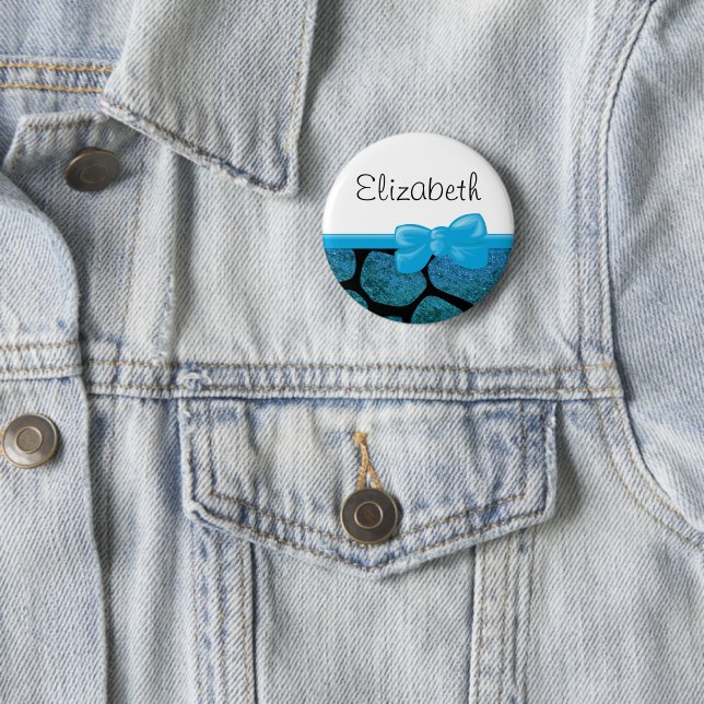 Blue Giraffe, Blue Glitter, Jungle, Your Name Pinback Button (In Situ)