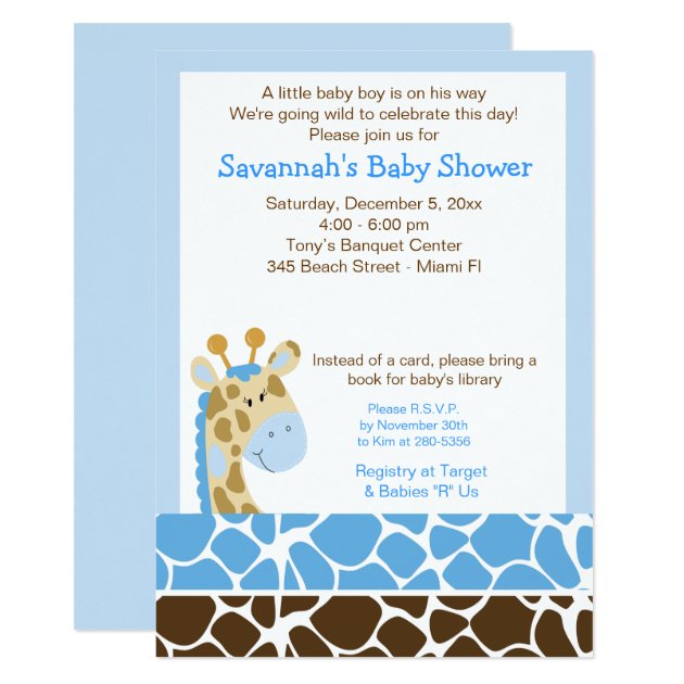 Blue Giraffe Boy Baby Shower Invitation