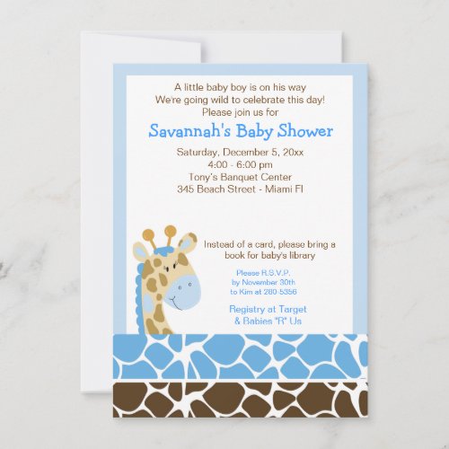 Blue Giraffe Boy Baby Shower Invitation