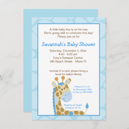 Blue Giraffe Boy Baby Shower Invitation