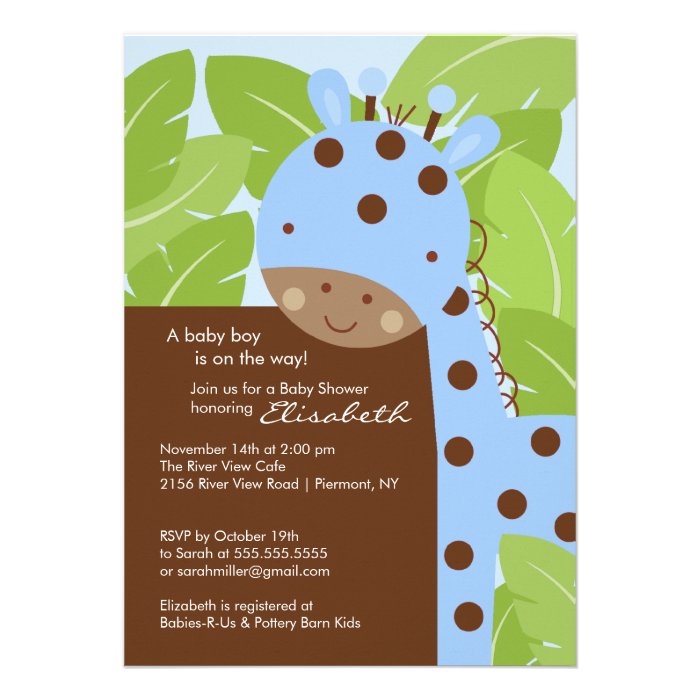 Blue Giraffe Boy Baby Shower Invitation