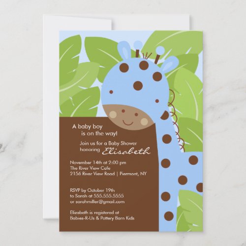 Blue Giraffe Boy Baby Shower Invitation