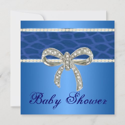 Blue Giraffe Diamond Bow Baby Shower Invitation