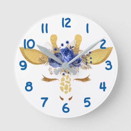 Blue Giraffe Face Number Kids Round Clock