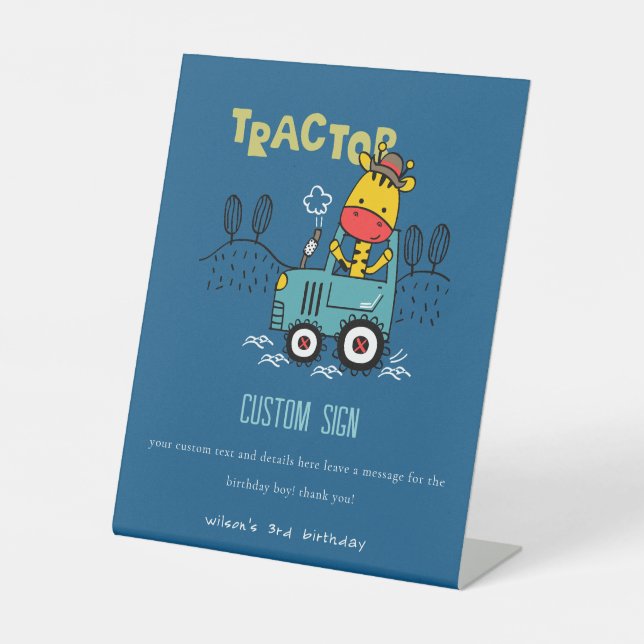 Blue Giraffe Farm Tractor Custom Birthday Party Pedestal Sign (Front)