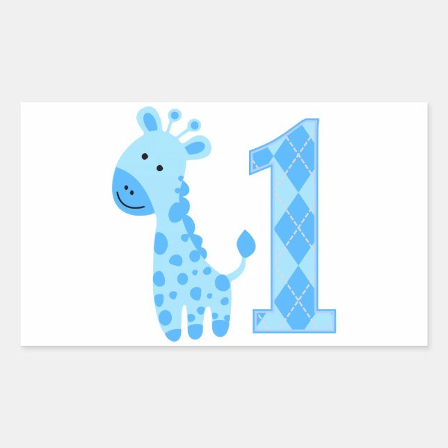 Blue Giraffe First Birthday Rectangular Sticker (Front)