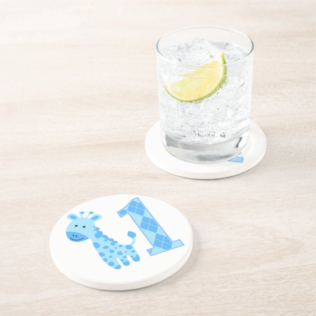 Blue Giraffe First Birthday Sandstone Coaster (Side)