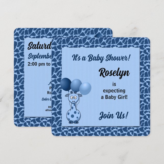 Blue Giraffe for Boys Baby Shower Invitation (Front/Back)