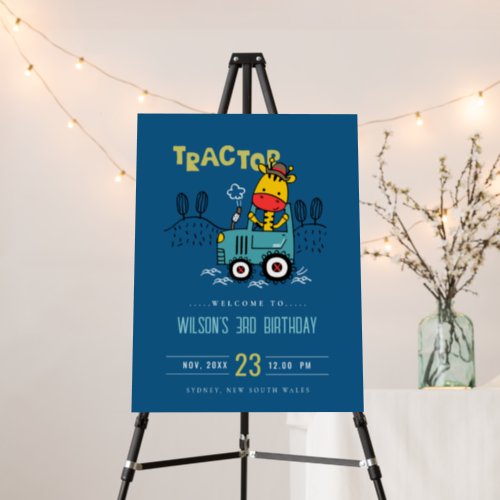 Blue Giraffe In Farm Tractor Boys Birthday Welcome Foam Board