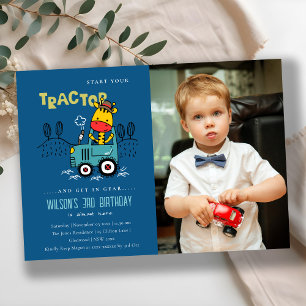 Blue Giraffe In Farm Tractor Boys Photo Birthday Invitation