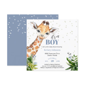 Blue Giraffe Jungle Safari It's a Boy Baby Shower Invitation