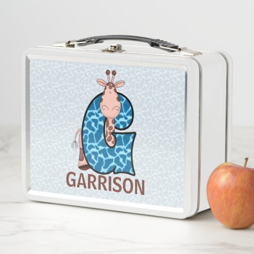 Blue Giraffe Letter G Animal Print Metal Lunch Box