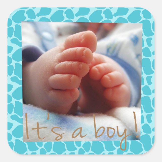 Blue giraffe pattern for baby boy annoucement square sticker (Front)
