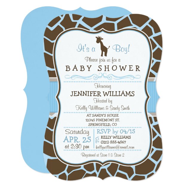 Blue Giraffe Print Boy Baby Shower Invitation