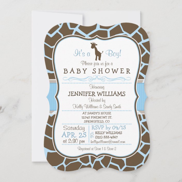 Blue Giraffe Print Boy Baby Shower Invitation Zazzle Com