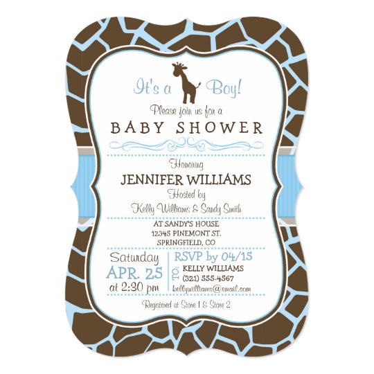 Blue Giraffe Print Boy Baby Shower Invitation Zazzle