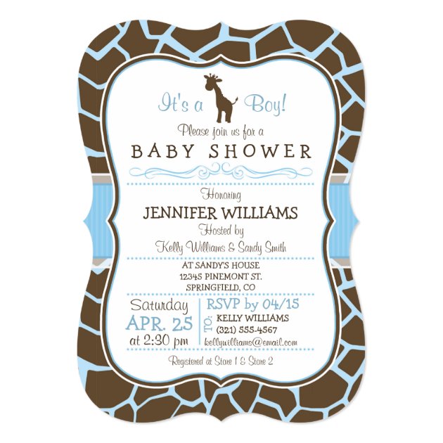 Blue Giraffe Print Boy Baby Shower Invitation