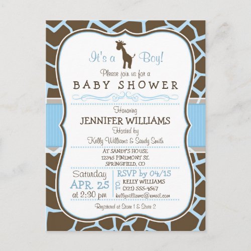 Blue Giraffe Print Boy Baby Shower Invitation