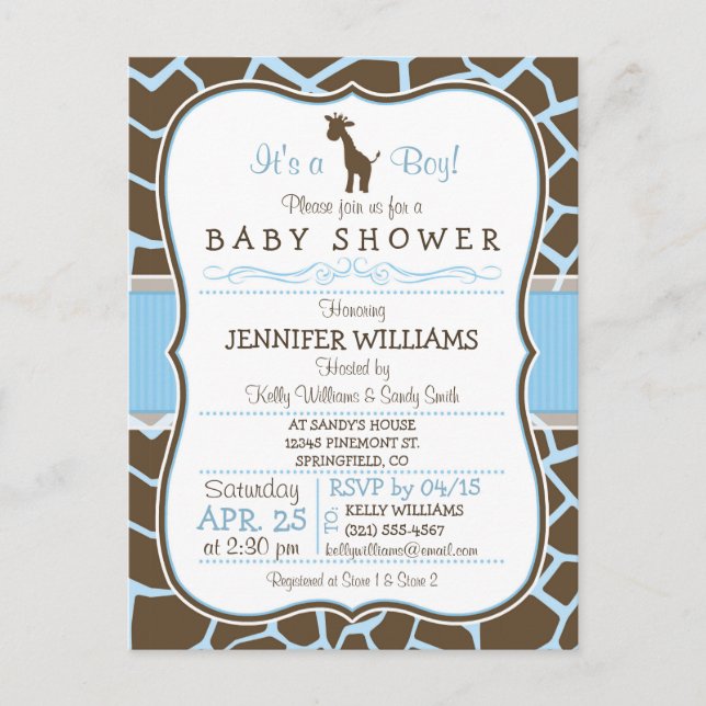 Blue Giraffe Print Boy Baby Shower Invitation (Front)