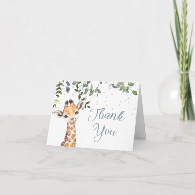 Blue Giraffe Safari Baby Shower Thank You Card (Front)