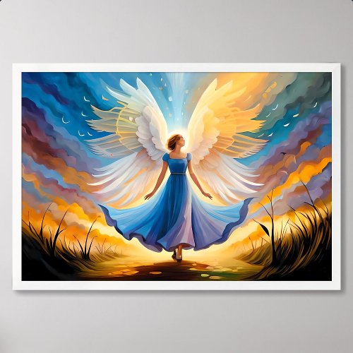 blue girl angel painting ready take off with wind poster