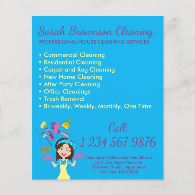 Blue Girl House Maid Janitorial Cleaning Service Flyer (Front)