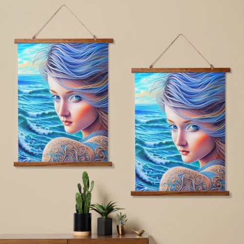 Blue Girl Ocean Waves Fantasy Fine Artwork Hanging Tapestry