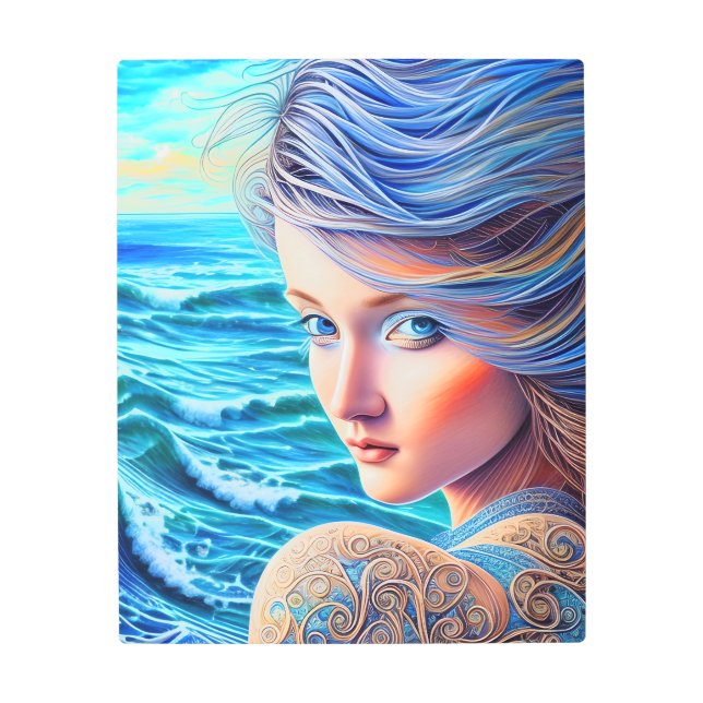 Blue Girl Ocean Waves Fantasy Fine Artwork Metal Print (Front)