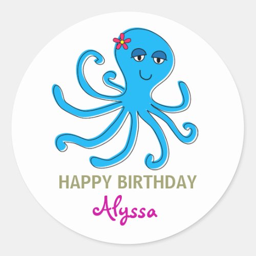 Blue Girl Octopus Under the Sea Cupcake Toppers Classic Round Sticker