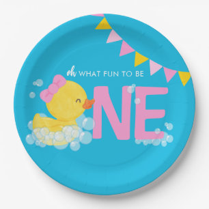 Blue Girl Watercolor Duck ONE 1st Birthday Paper Plates