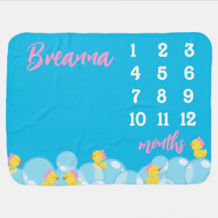 Blue Girl Watercolor Rubber Duck Monthly Milestone Baby Blanket