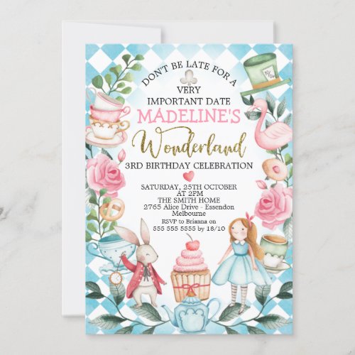 Blue Girls Alice In Wonderland Birthday Invitation