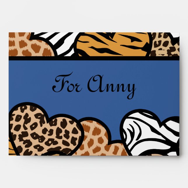 Blue Girly animal print hearts with a name Envelope (Front)