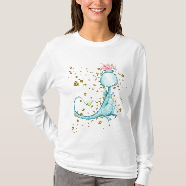 *~* Blue Girly Dragon Dinosaur Flowers Glitter T-Shirt (Front)