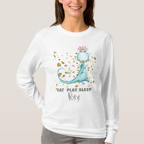  Blue Girly Dragon Dinosaur Glitter Flowers T_Shirt