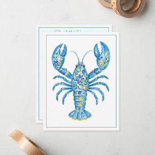 Blue Girly Floral Lobster Personalized Note Card
