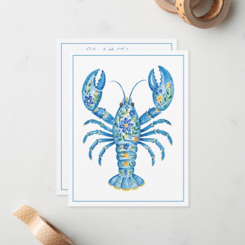 Blue Girly Floral Lobster Personalized Note Card