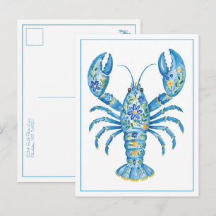 Blue Girly Floral Lobster Personalized Postcard