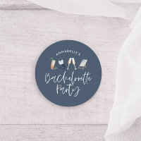 Blue girly modern champagne script bachelorette classic round sticker