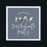 Blue girly modern champagne script bachelorette napkins<br><div class="desc">Navy blue summery girly modern champagne script bachelorette party design.</div>
