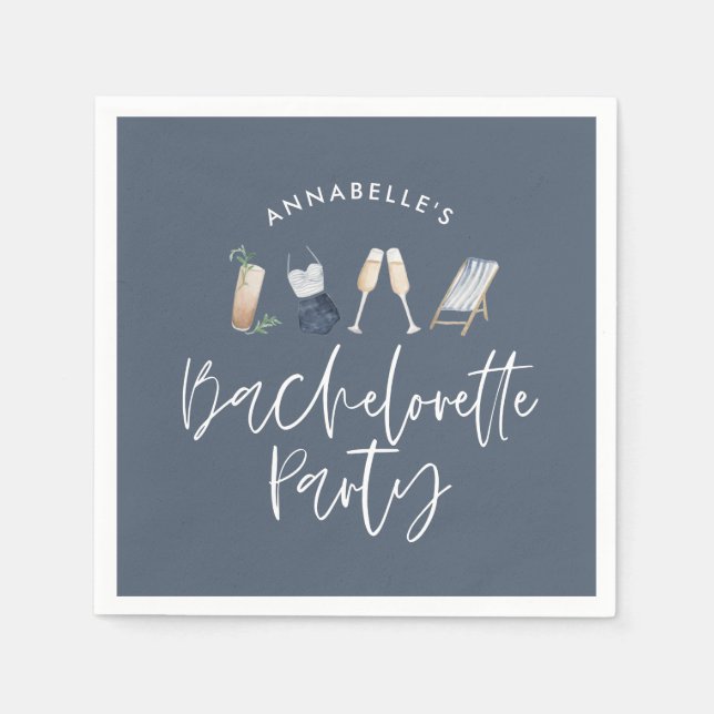 Blue girly modern champagne script bachelorette napkins (Front)