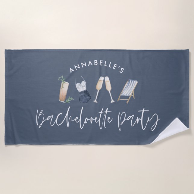 Blue girly modern cocktail script bachelorette beach towel (Front)